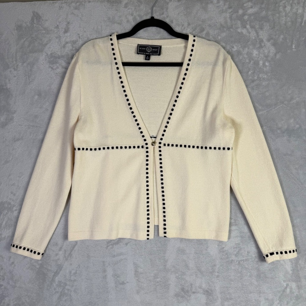 St. John Sport Cardigan Women Medium Cream Black Trim V-Neck Knit Sweater